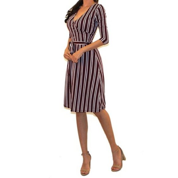 Burgundy White Stripe Faux Wrap Knee Length Dress - Picture 2 of 5